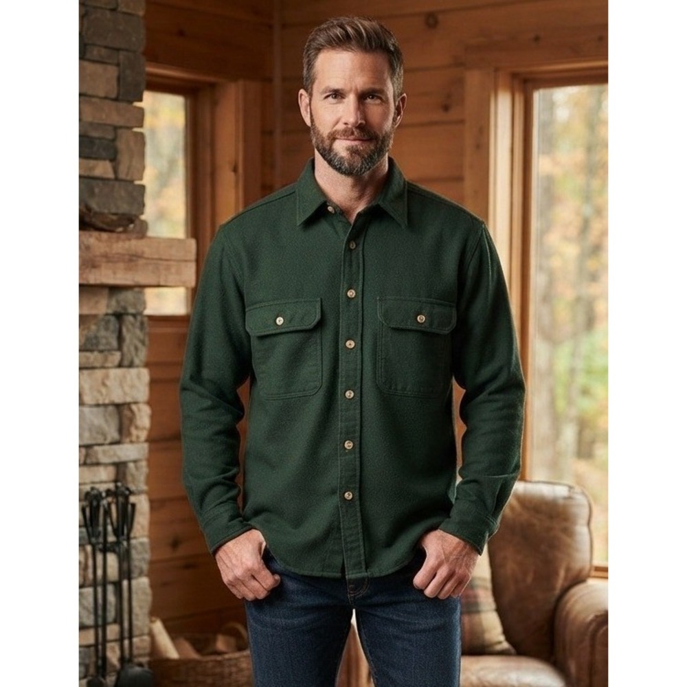 Gander Mountain Button Down Long Sleeve Shirt Men's M Heavy Cotton Green Fishing